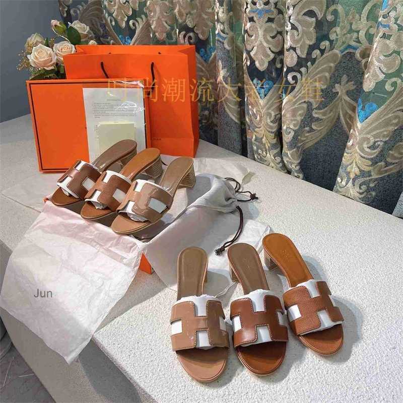 

Ms Slippers Oasis Sandal H ermes Thick Heel High Edition H Family Slippers Women's Summer New Color Matching Genuine Leather Slippers Wearing Outside