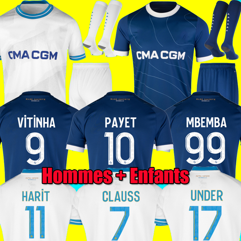 

23 24 soccer jerseys 2023 2024 MarseilleS maillot foot CUISANCE GUENDOUZI PAYET CLAUSS football shirts men kids VERETOUT Under NUNO HARIT KONDOGBIA MBEMBA, 23-24 away 1