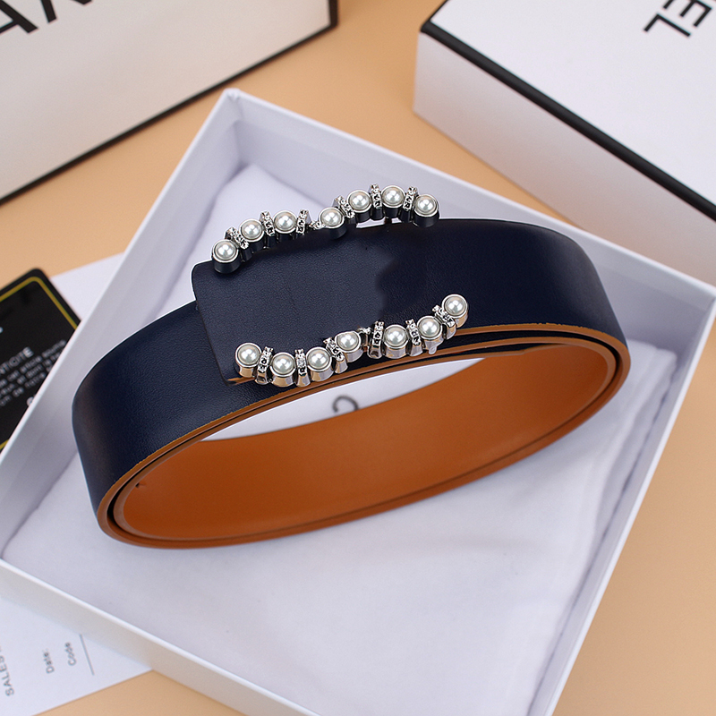 

Women's designer belt double-sided wear small section pearl width 3.3cm zinc alloy buckle head cowhide leather belt slide buckle mounted women's cowhide belt
