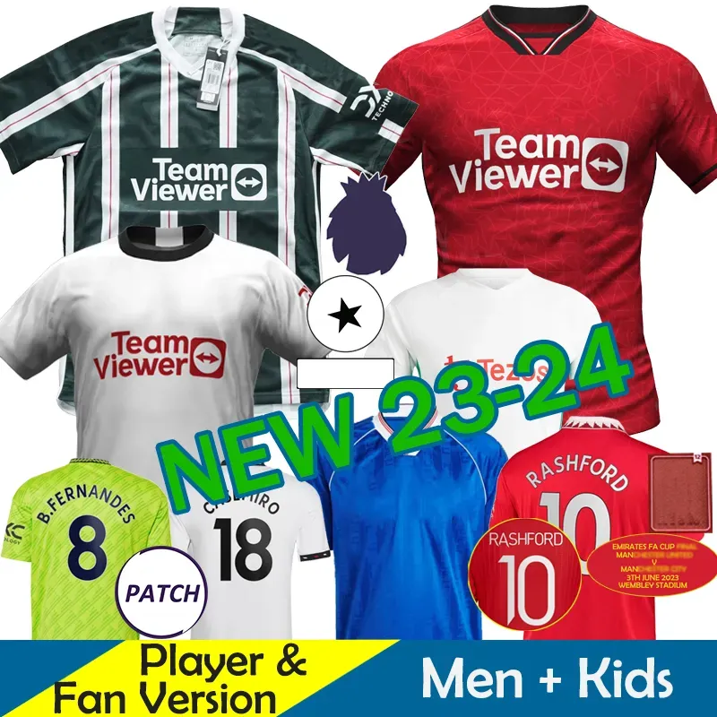 

ManCHestERs Mans UtDs 23 24 Soccer Jerseys Kids Kit Retro RASHFORD SANCHO Maillot de Foot Football Shirt FA CuP Final Player Version 2023 2024 Remake Training Uniform, 23-24 away ucl patch