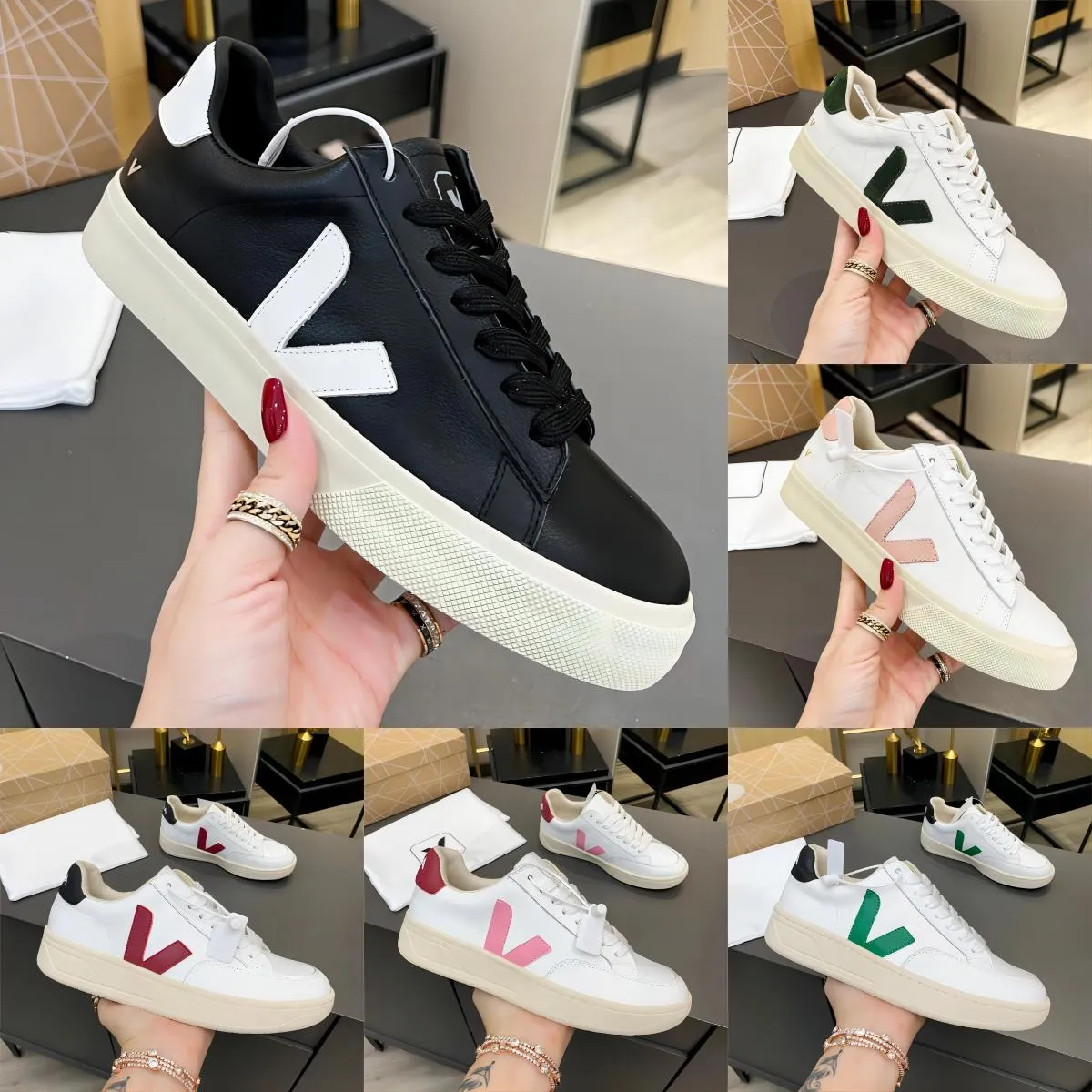 

Luxury Designer Women veja Shoes Men VA Word Leather White shoe Stitching Brown Lace Up Sneaker Leathers Lining Rubber Sole with Box Size 35-45, Color1