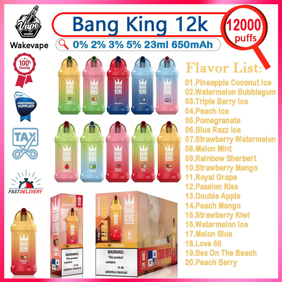 

Authentic Bang King 12000 Puff Disposable Vapes Pen 0% 2% 3% 5% Strength 23ml Pre-filled Pod Vaporizer 650mAh Rechargeable Battery Mesh Coil 12k Puffs Vape E Cigarette