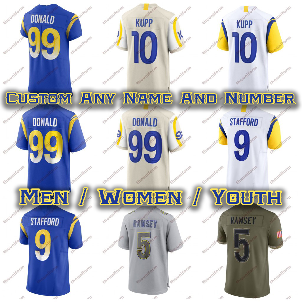 

Custom Mens 9 Stafford 99 Donald American Football Jerseys 10 Kupp 5 Ramsey 3 Akers 45 Wagner 12 Jefferson Womens Youth Football Jersey Size -5XL, Black
