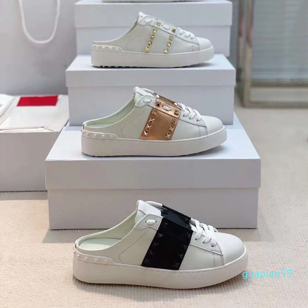 

Shoes fashion-Men Rockstud Untitled Open Sneakers Calfskin Leather Women Trainers Platinum-finish Studs Slipp Valentinoly HiP tne, Color 22