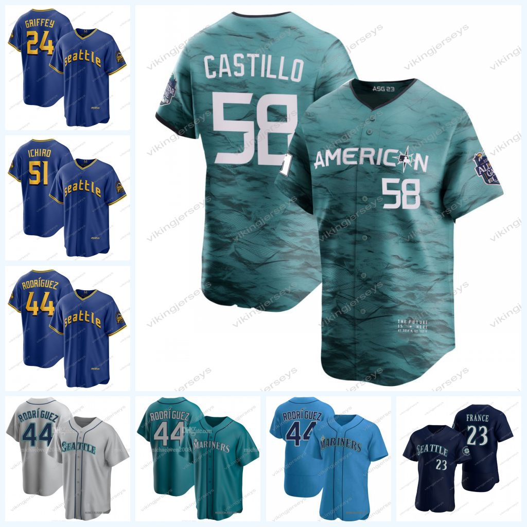 

Mariners 2023 All Star Jersey 44 Julio Rodriguez 68 George Kirby 58 Luis Castillo, Men cool base