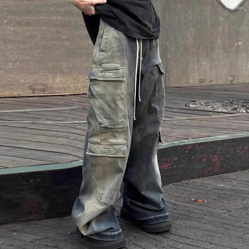 

Men's Jeans RO Style Gradient Ribbons Multi-pockets Drawstring For Men Harajuku Streetwear Baggy Y2K Denim Trousers Oversized Cargos, Tj038