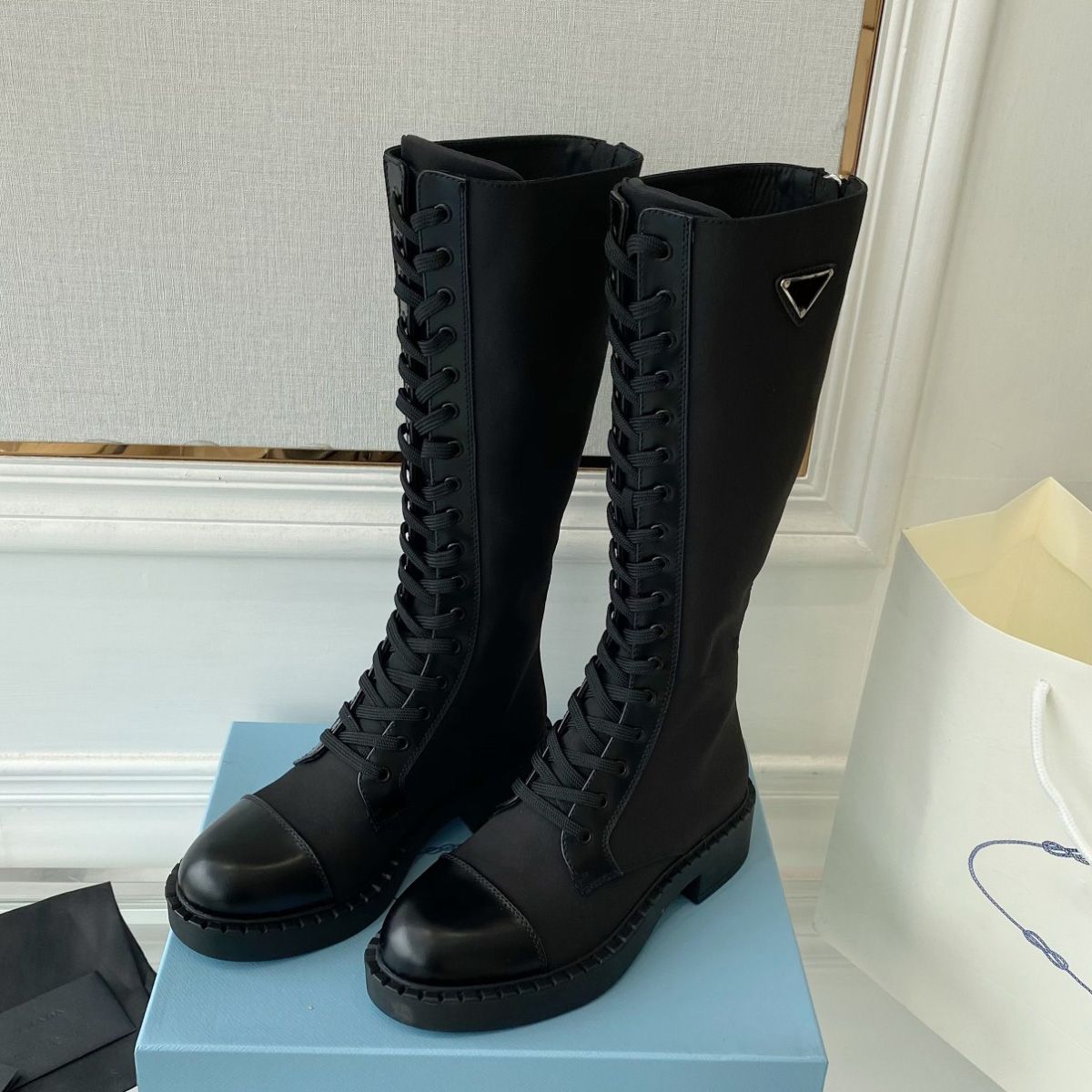 

Black calf Leather trim patchwork Nylon Tall Combat Boots knee-high lace-up vamp rounded Toe flat side logo triangle Plaque luxury designer for women factory footwear