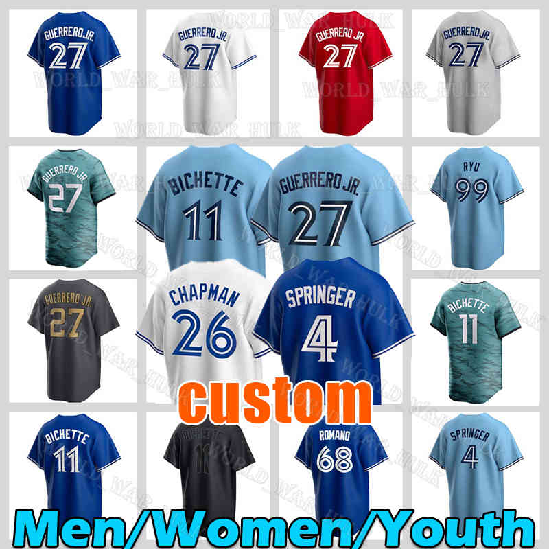

27 Vladimir Guerrero Jr. Jersey 11 Bo Bichette Baseball 4 George Springer Matt Chapman Torontos Danny Jansen Whit Merrifield Blue Jays Alejandro Kirk Kevin Kiermaier, Men retro jersey(l n-no name)
