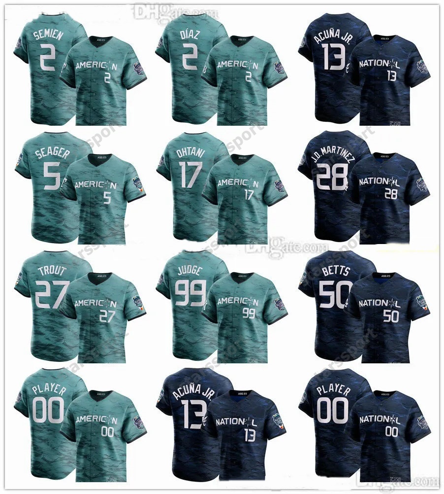 

2023 All-Star Baseball Jersey 99 Aaron Judge 11 Rafael Devers 25 Byron Buxton 17 Shohei Ohtani 27 Mike Trout Corbin Carroll 13 Ronald Acuna Jr. 50 Mookie Betts 28 Martinez, Mens flex base1