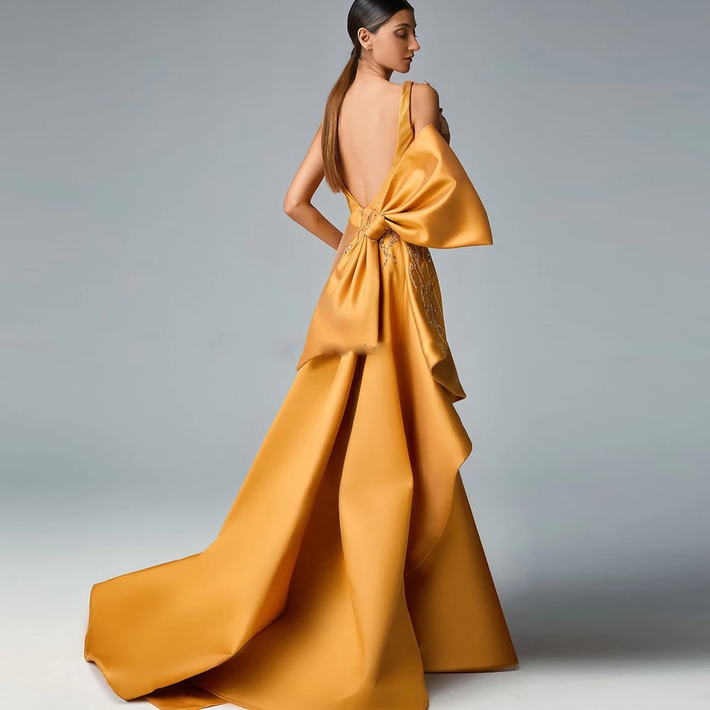 2023 Square Neck Overskirt Mermaid Evening Dresses Orange Satin Pleats Backless Big Bow Celebrity Gown Beading Vestido De Novia Gala