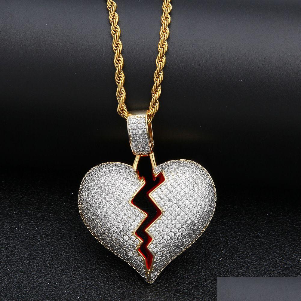 

Pendant Necklaces Iced Out Cz Broken Love Heart Bling Cubic Zirconia Gold Sier Charm Twisted Chain For Women Men Rapper Hip Hop Drop Dhmst