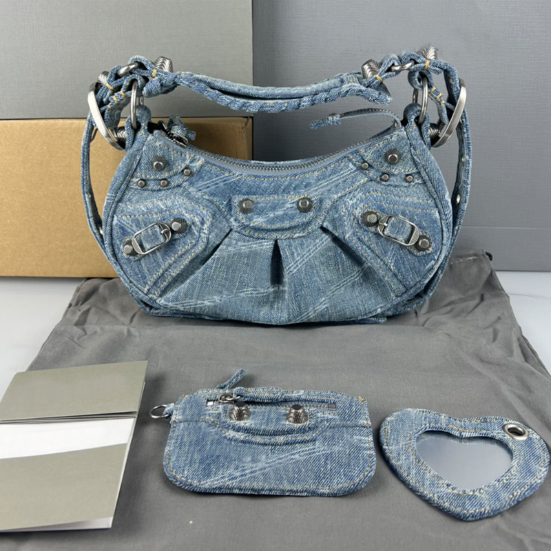 

7A Quality le Cagole Denim Womens Designer Bag woman Graffiti shoulder bags Small large Geninue Leather black pink Motorcycle luxury crossbody purse retro vintage, 25 diamond rivet
