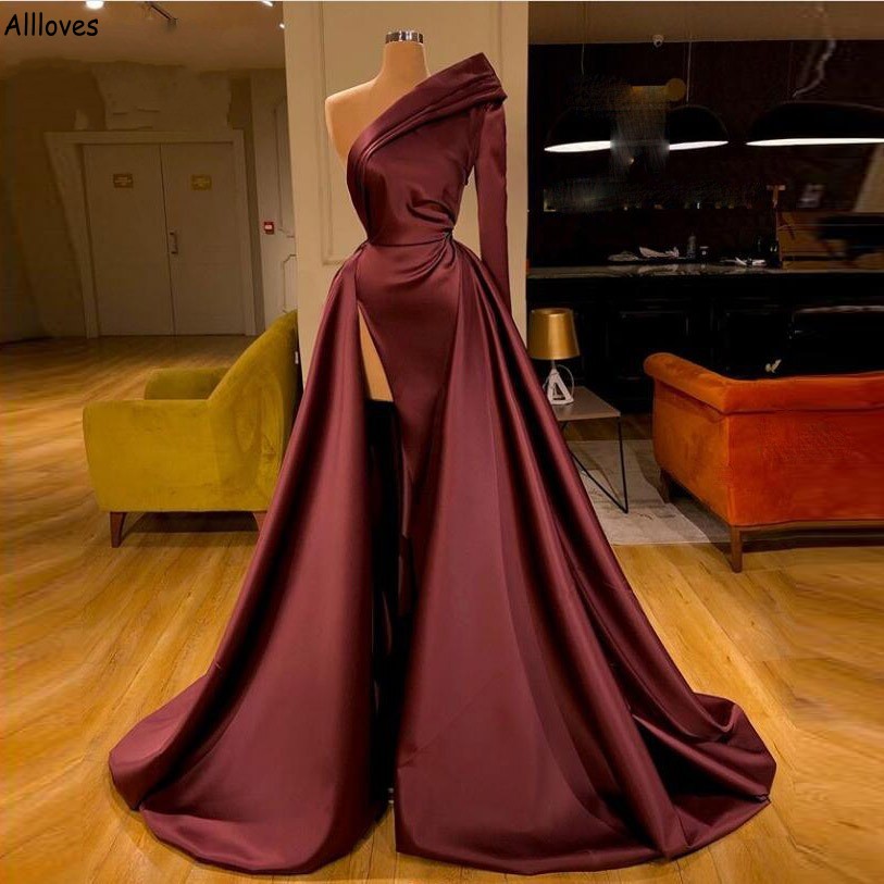 

Burgundy Satin Middle East Mermaid Prom Dresses With Detachable Train One Shoulder Thigh High Split Long Sleeve Evening Gowns Arabic Aso Ebi Formal Party Wear AL6852, Water melon