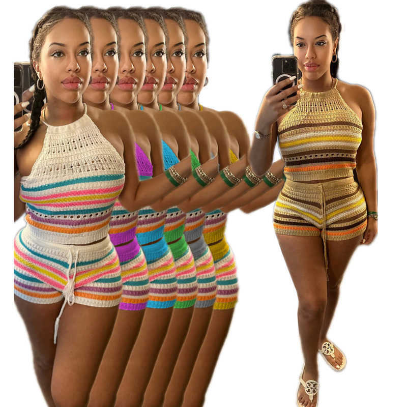 

Summer Outfits Womens Tracksuits New Sweater Set Fashion Open Back Hanging Neck Top Wrapped Hip Tight Shorts 2 Pieces Outfits, Purple