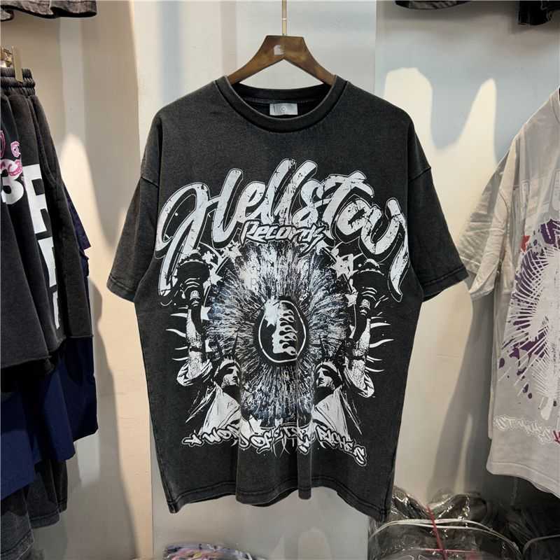 

Designer Fashion Clothing Tees Tshirts Hellstar Studios Sounds Made Old Letter Printing Fashion Brand Short Sleeve Hip Hop Loose T-shirt for Men Rock Hip hop, Light gray