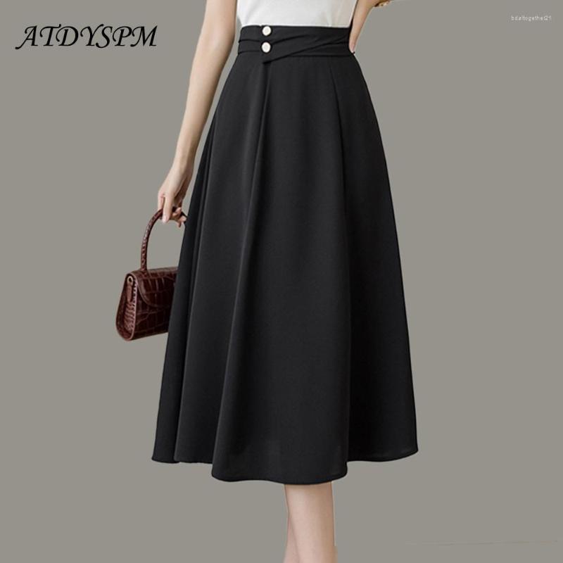 

Skirts Elegant Stylish High Waist Pleated Casual Midi Women Summer Autumn Office Lady Workwear Loose Solid A-Line Faldas, Black