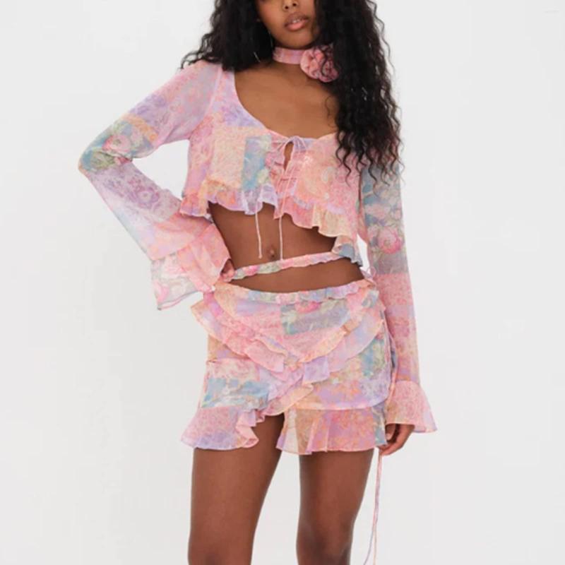 Skirts Fashion Women Skirt Set Flower Print Long Sleeve Tie-Up Crop Top With Ruffled Mini Clubwear Summer Outfit Street Style