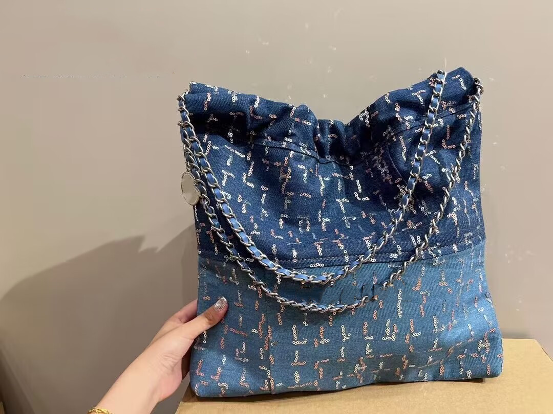 

designer tote Womens Shopping Bag Strap Hardware Chain Crossbody Shoulder Handbag With Coin Sequin denim, Blue