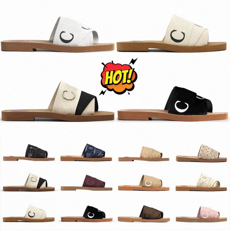 

designer Woody sandals for women Mules flat slides Light tan beige white black pink lace Lettering Fabric canvas slippers womens SlideQR7U#, 21