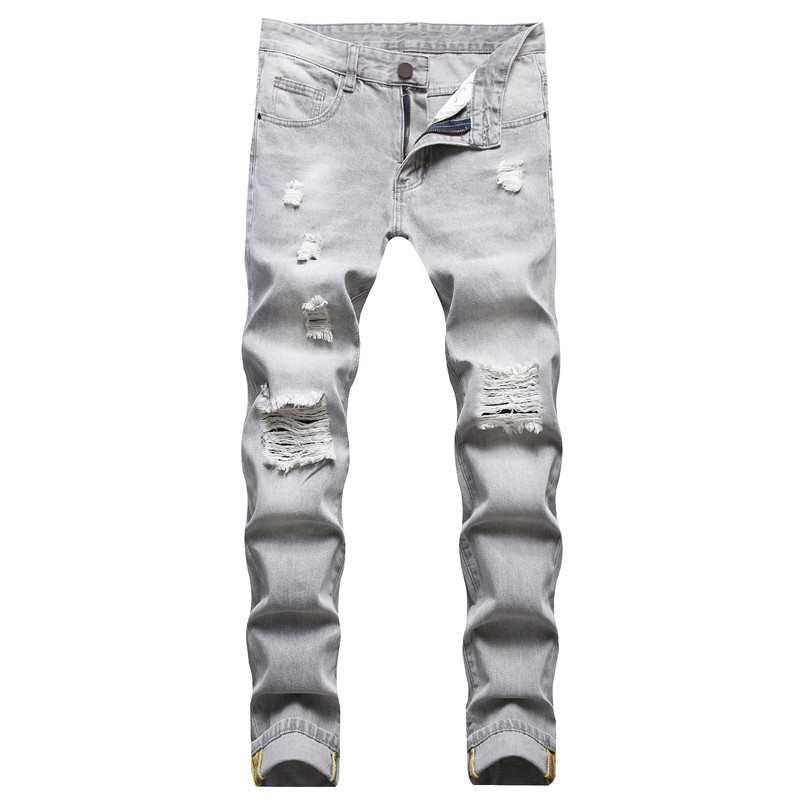 

Grey Men Slim Fit Denim Jeans Solid Color Hip Hop Streetwear Biker, Gray