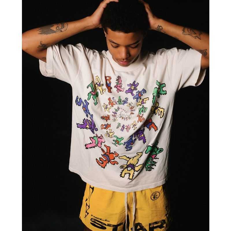 

Designer Fashion Clothing Tees Tshirts Hellstar Studios Dancing Stars Spinning Letter Little Bear Short Sleeve T-shirt for Men and Women Rock Hip hop, White
