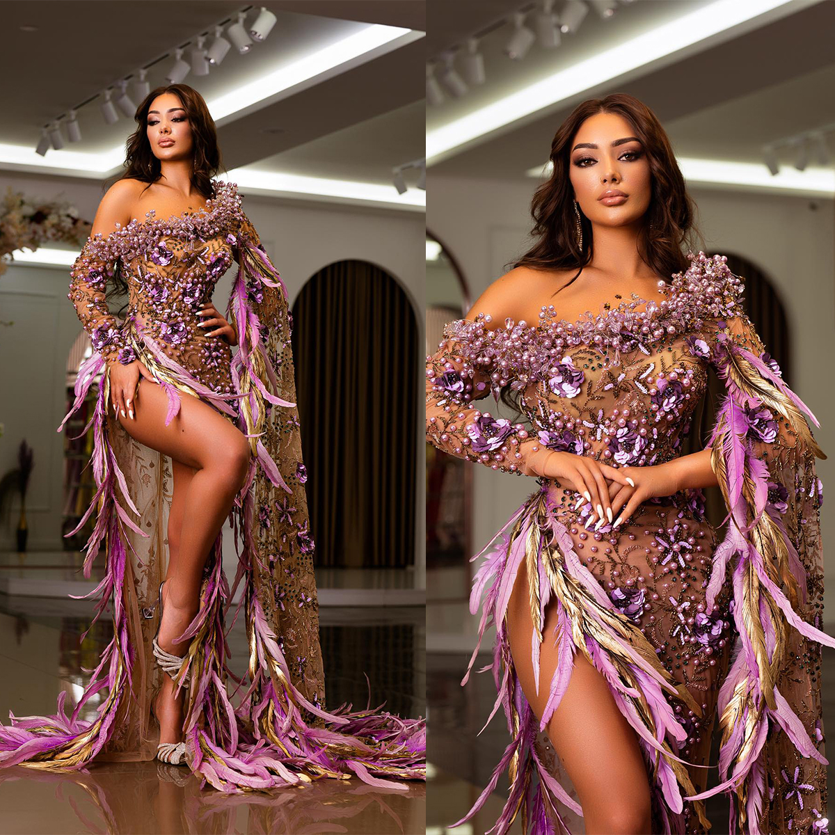 2023 Arabic Dubai Celebrity Dress Saudi Arabia Custom Made Pearls Beading Prom Dresses Pink Feather Evening Gowns Robe De