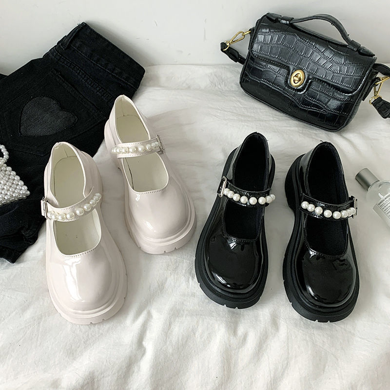

Dress Shoes Large Size -44 Women's Shoes Retro British Style Small Leather Shoes One Line with Thick Soled Mary Jane Single 230705, Black (without pearl