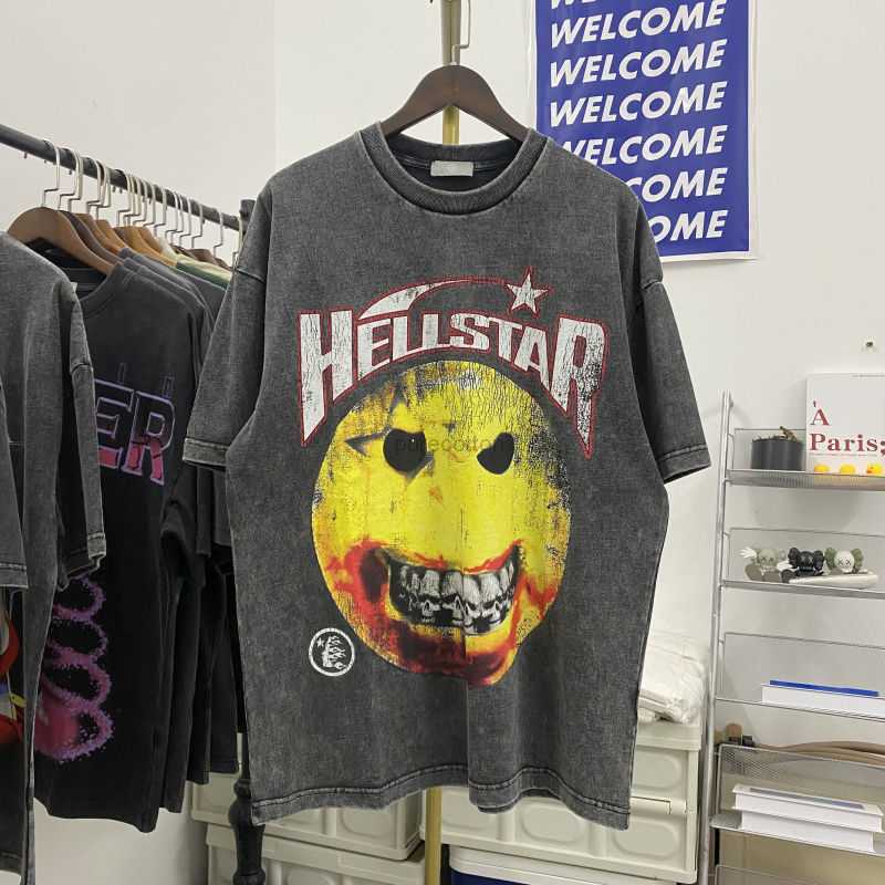 

Designer Fashion Clothing Tees Tshirts Hellstar Studios Skull Teeth Smiling Face Printed Wash Old High Street Men's and Women's Short Sleeve T-shirts Rock Hip hop, Black 280 g