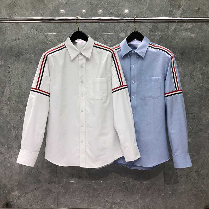 

TB THOM Men' Shirt Solid Top Shoulder Striped Design Men' Clothing Casual Oxford Slim Fashion Brand Male Blouses TB Shirt, Blue