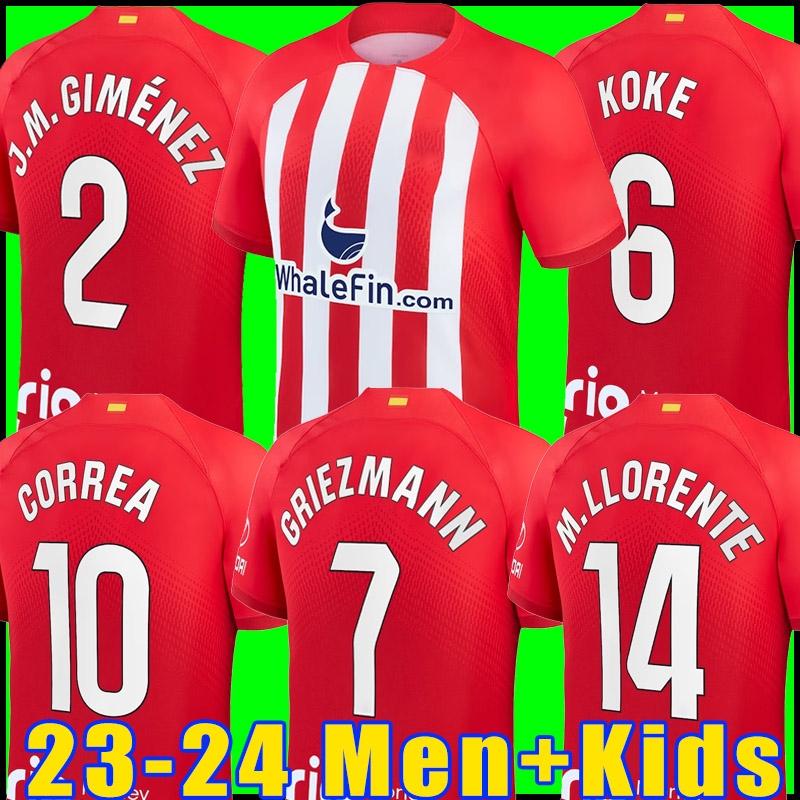 

Atletico Madrids soccer jerseys 23 24 120th anniversary GRIEZMANN 2023 2024 M.LLORENTE KOKE SAUL Correa LEMAR football shirt men kids kit sets uniforms, 23/24 kids home