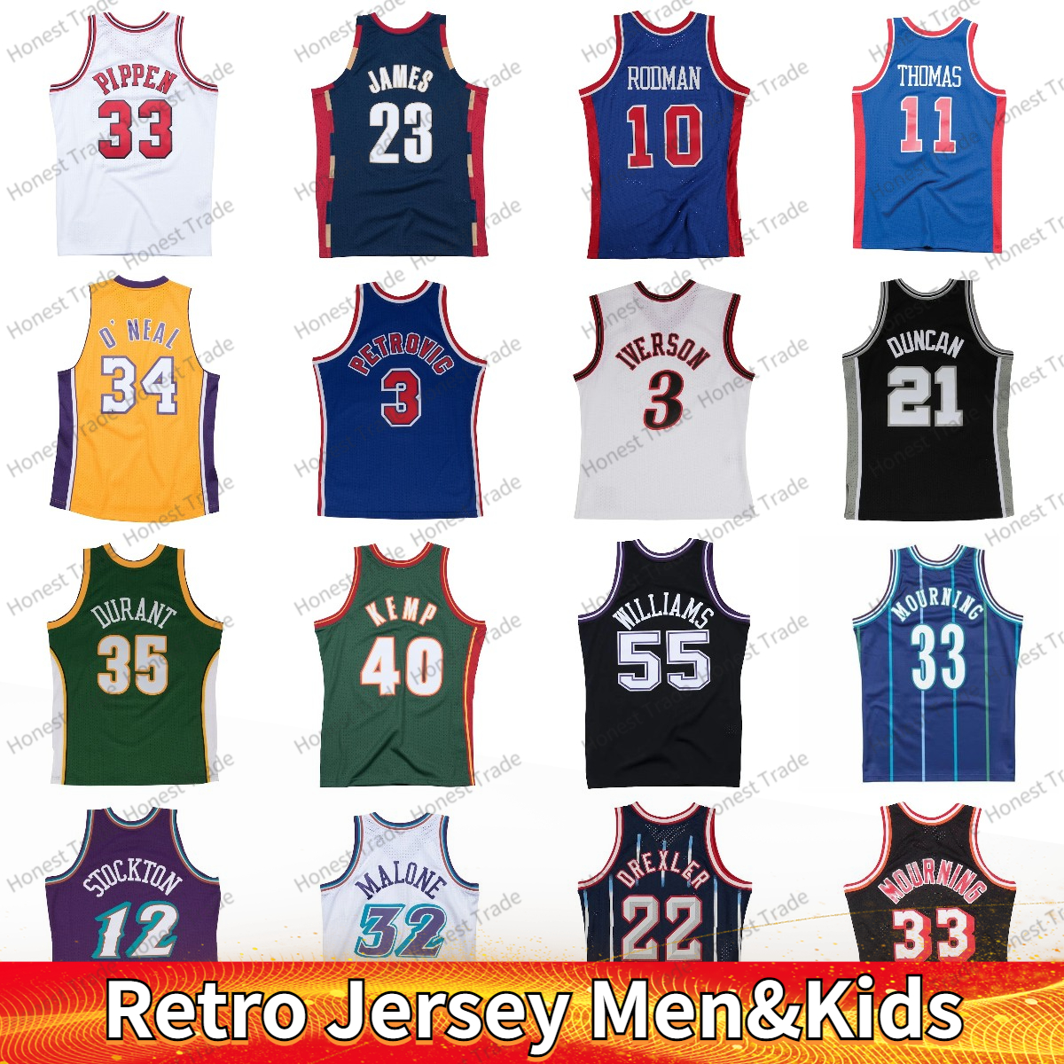 

Retro Style Basketball Jersey Men Kids Oneal Mutombo Pippen Bryant James Bibby Hill James Carter Allen Iverson Rodman Drexler Bird 33 Ewing Olajuwon Rodman Malone, Men stitched jersey