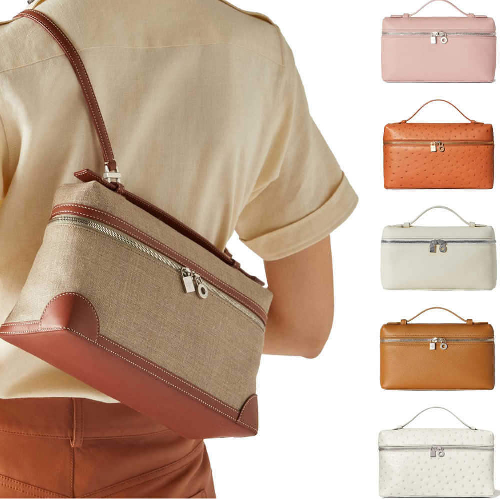 

Top quality extra pocket l19 designer men cowhide toiletry bag clutch Wallets Cross body womens Zipper Shoulder strap tote evening Bags loro piana handbag travel bag, Ostrich-brown