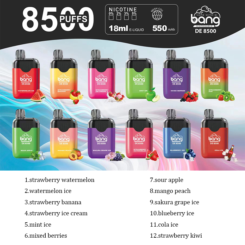 

Original Bang DE8500 Puff Mesh Coil E Cigarette 12 Flavors 18ml Rechargeable Disposable Vape Pen Device Pod Smoking Vapes Kit Puff 8800 Puffs 0% 2% 3% 5% 550mAh Battery