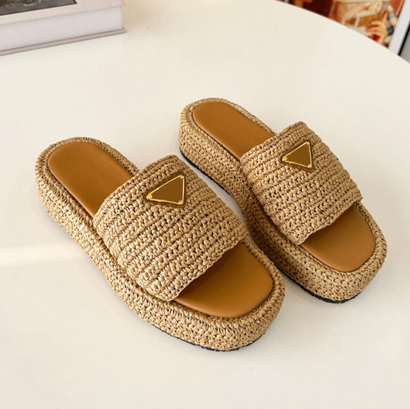 

Black Natural Fabric Flatform Sandals Slippers Woven Platform Mule For Women's Casual Chunky Bottom Slide Summer Beach Rubber Sole