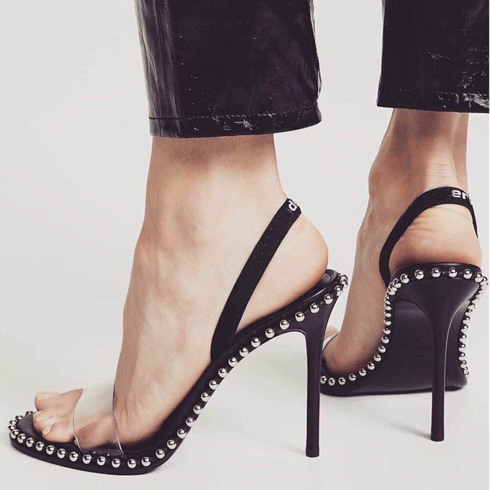 

100mm Metal beads embellished stiletto high Heels Sandals slippers sky-high heel for women summer wedding luxury designer shoes beading strap party heeled, Black