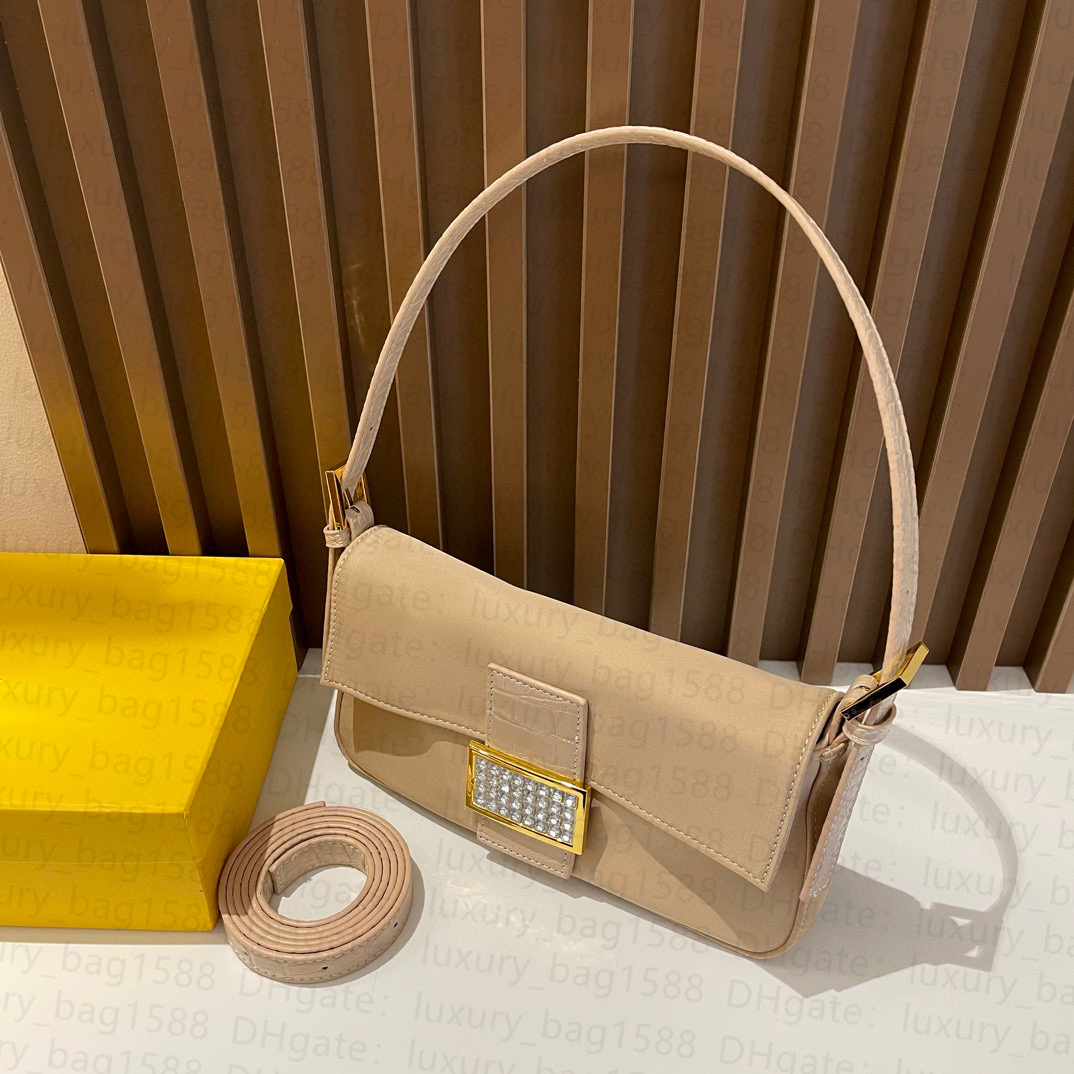 

10A Silk Diamond Button Baguette Bag Classic Crocodile Leather Shoulder Strap Women Single Shoulder Bag Luxury Dinner Bag Designer Bag, Beige