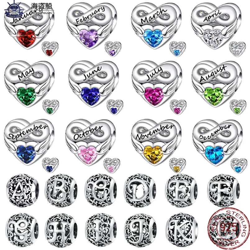 

For pandora charms authentic 925 silver beads Birthstone Heart Pendant Letter series Bead