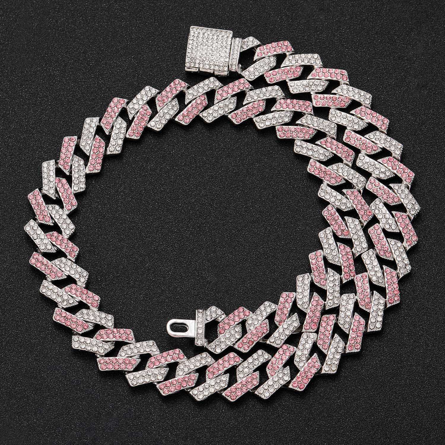 14mm Diamond Cuban Link Chain Bracelet / Necklace Popular Wolf Tide Jewelry Men&#039;s Pink Rhinestone Full Hip Hop 18K Gold Plated Bling Miami C-image-883068699