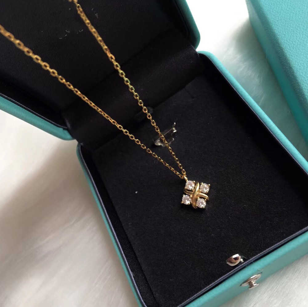 

Luxury Designer Schlumberger Pendant Necklace Top Sterling Silver 14k Gold Crystal Zircon Square Charm Cross Short Chain Choker