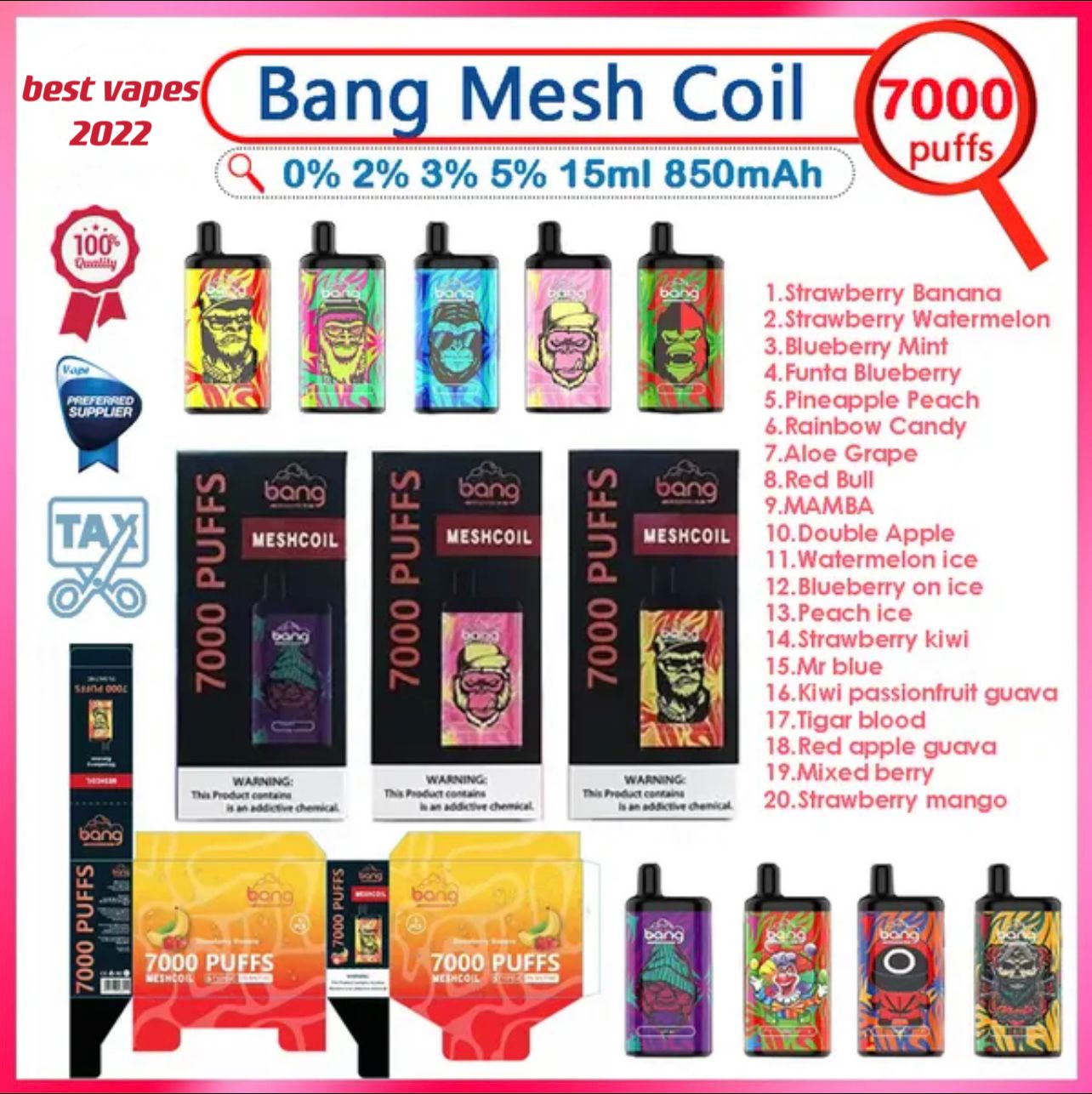 

Bang Mesh Coil 7000 Puffs Disposable Vape Bang Bar Vapes Puffs 7000 0% 2% 3% 5% Pod E Cigarette Devices Rechargeable Battery 850mAh 15ml DDP