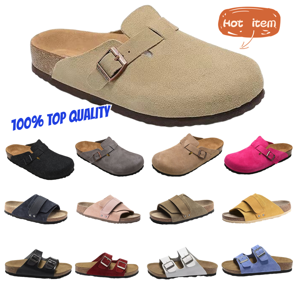 

Birkenstocks Designer buckle stock Boston Clogs Sandals Slippers Cork Flat Fashion luxurys High quality Summer Leather Slide Favourite Beach Casual Shoes Women Men Arizona Mayari, 70