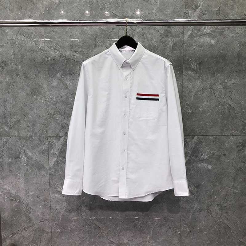 

TB THOM Shirt Spring Autunm Fashion Brand Men's Shirt RWB Stripe On Pocket Casual Cotton Oxford Slim Custom Wholesale TB Shirt, White