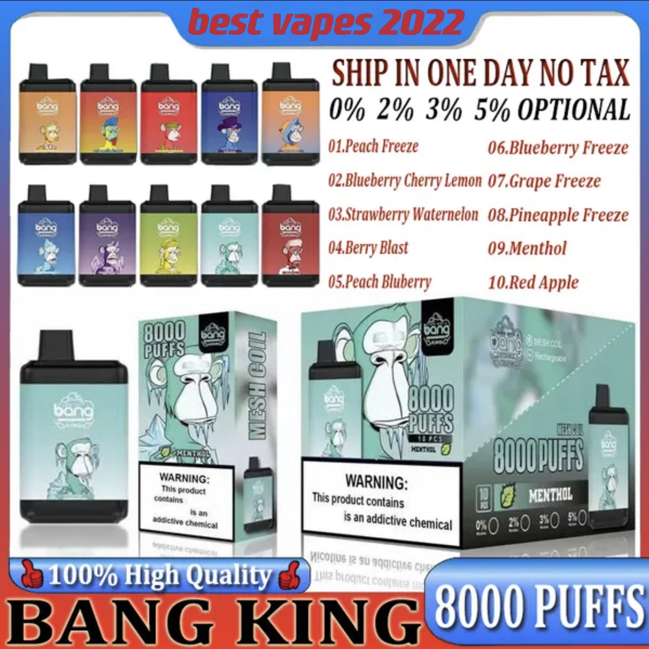 

100% Original bang king puff 8000 Rechargeable Disposable Vape Pen E Cigarette Device Pod Smoking Vapes Kit Puffs 8000 0% 2% 3% 5% 650Mah Battery 16Ml Prefilled