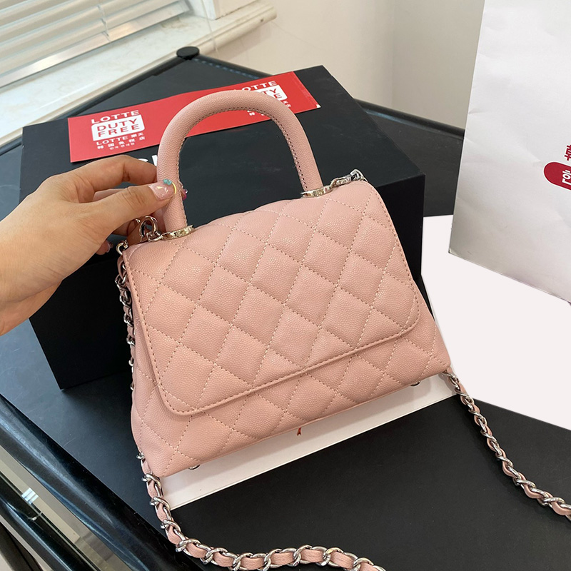 

Womens Classic Mini Designer Iridescent Blue Pink Top Co Handle Shulder Bags Silver Metal Hardware Matelasse Chains Crossbody Calfskin Caviar Leather Handbag 19CM, Box
