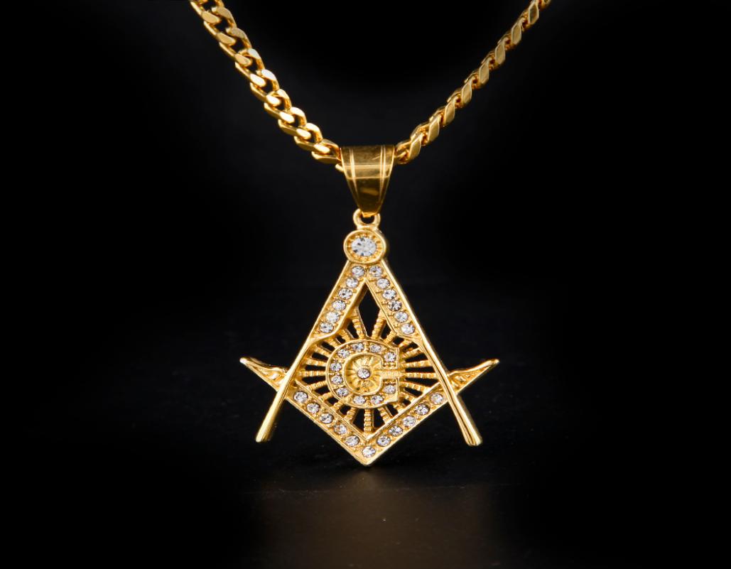 

Hip Hop Gold Plated Ma Charm Pendant Iced Out Crystal Stainless Steel Silver Tone Freemason Pendant Necklace Collar Chain5485445