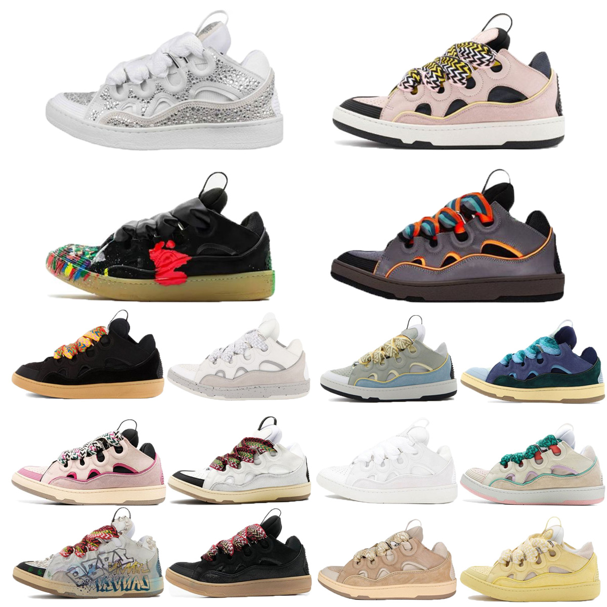 

Designer Mesh Shoes Men Women Lace up Extraordinary Sneaker Running Shoes Embossed Leather Curb Sneakers Calfskin Rubber Nappa platformsole lan Shoe, Color#14