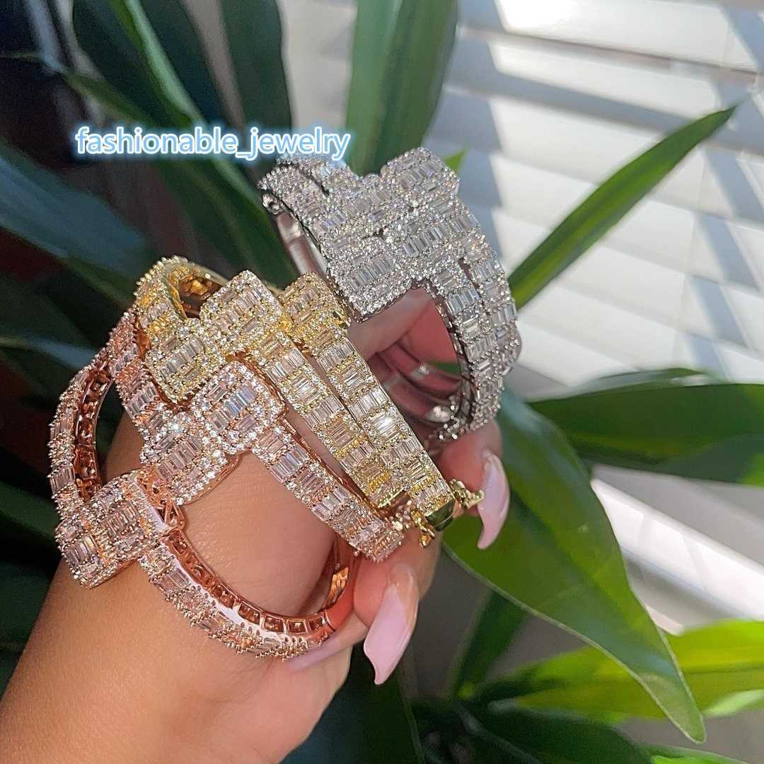 

New Gold Silver Color Opened Square Zircon Charm Bracelet Iced Out Bling Baguette CZ Bangle For Men Women Luxury Jewelry