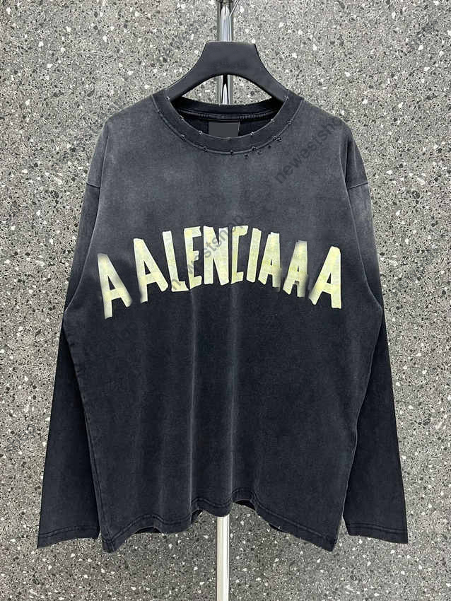 

23SS designer Mens Plus T shirt luxury summer Tape logo print long sleeve shirts man Casual wear with street Worn and torn holes t-shirts oversize tee, Black