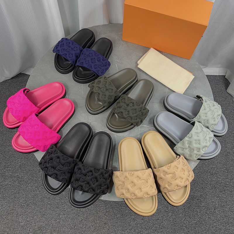 

Designer Sandals yayoikusama Pool Pillow Comfort flat for women luxury Embossed Mules Black Pink Rubber Sole Padded Front Strap Famous Slides Sliders, 44