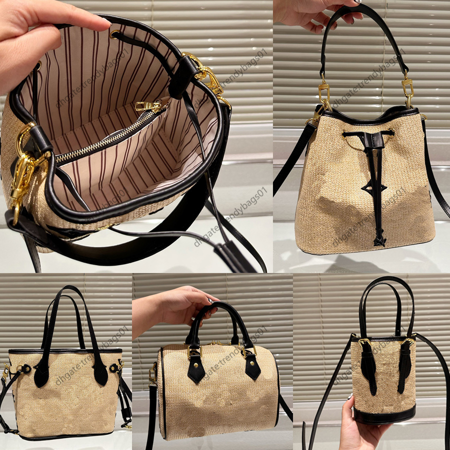 

Fashion Bags straw bag designer crossbody bag adjustable belt luxury handbag the tote bag Embroidery flowers shouder bags summer women bucket purse versatile, 01-black flowers